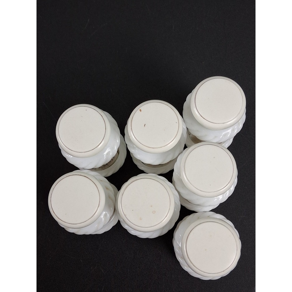 Vintage White Milk Glass Spice Apothecary Jars 3 1/2" Colonial Style Lot of 7 - Picture 4 of 11